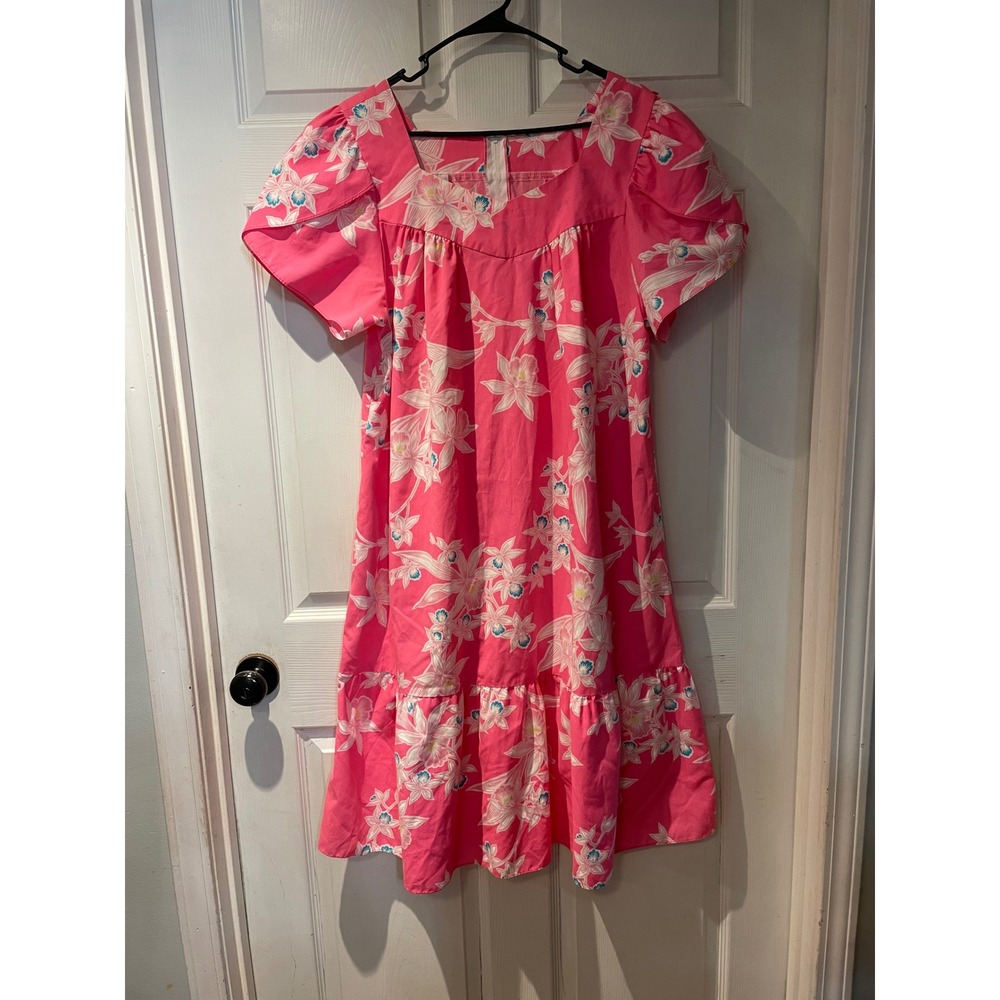 Royal Creations Hawaii Pink Floral Muumuu Dress XL Tropical Ruffle Hem Made HI